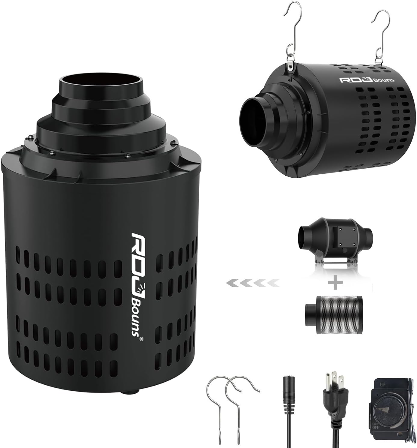 RDJ Bouns Inline Fan with Carbon Filter Kit, Compatible with 4"/5"/6" Ducts,10 Speed Control Recyclable Carbon Filtration, Quiet, Grow Tent, Hydroponics, Indoor Gardening, Pet Room