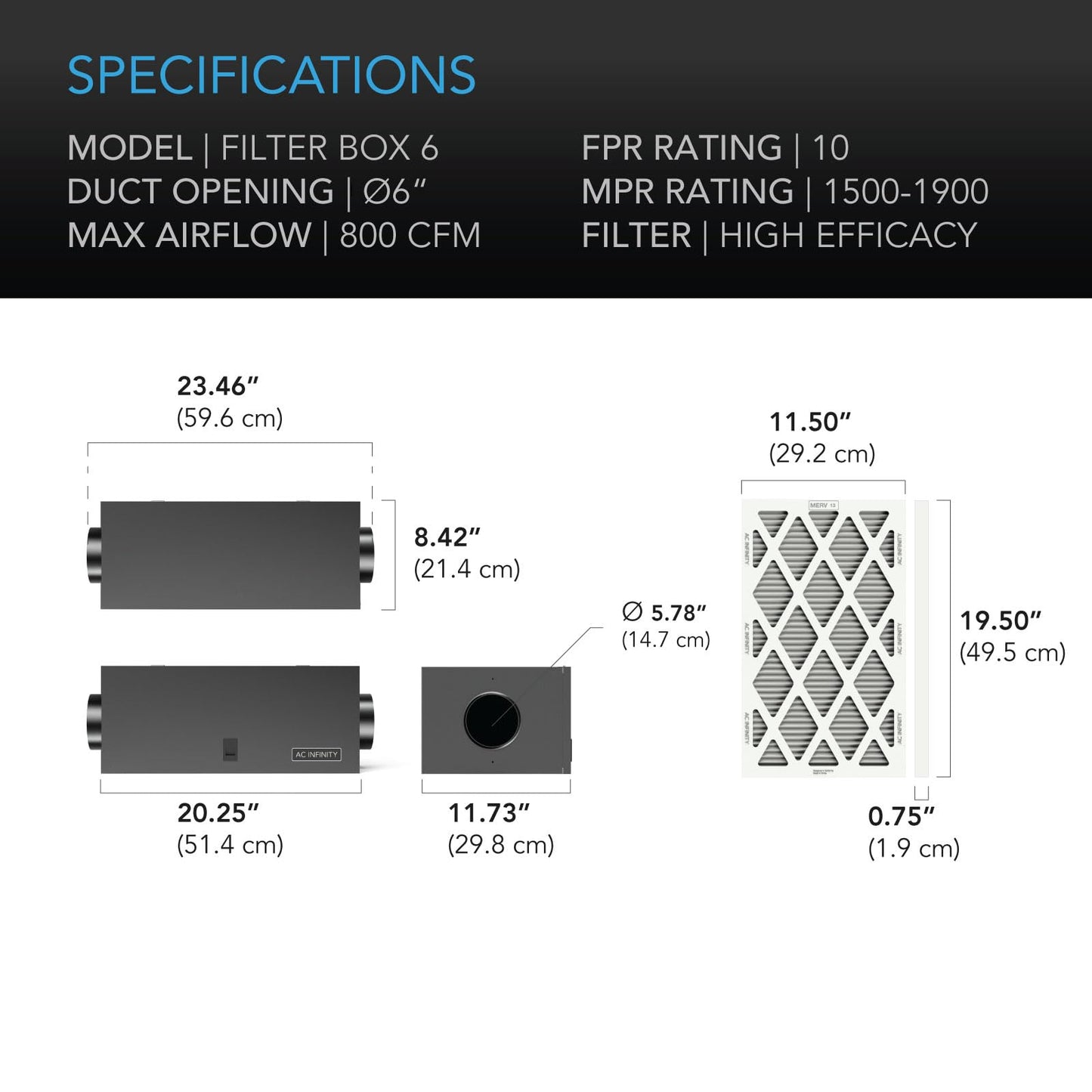 AC Infinity Inline Filter Box 10" with High Efficacy Filter, Whole House HVAC Filtration Kit, Fits 10-Inch Inline Duct Fans for Fresh Air Intake and Ventilation