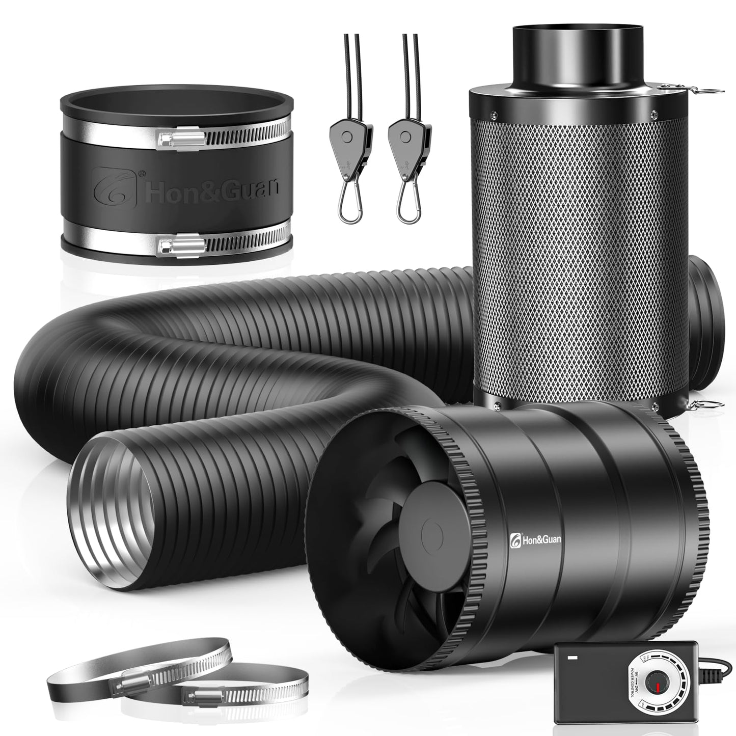 Hon&Guan 4" Air Filtration Kit: 4 Inch Inline Duct Fan with Speed Controller, 10" High Carbon Filter, 8 Ft Ducting & Rubber Coupler, Ventilation System for Grow Tents, Indoor Gardening, Hydroponics