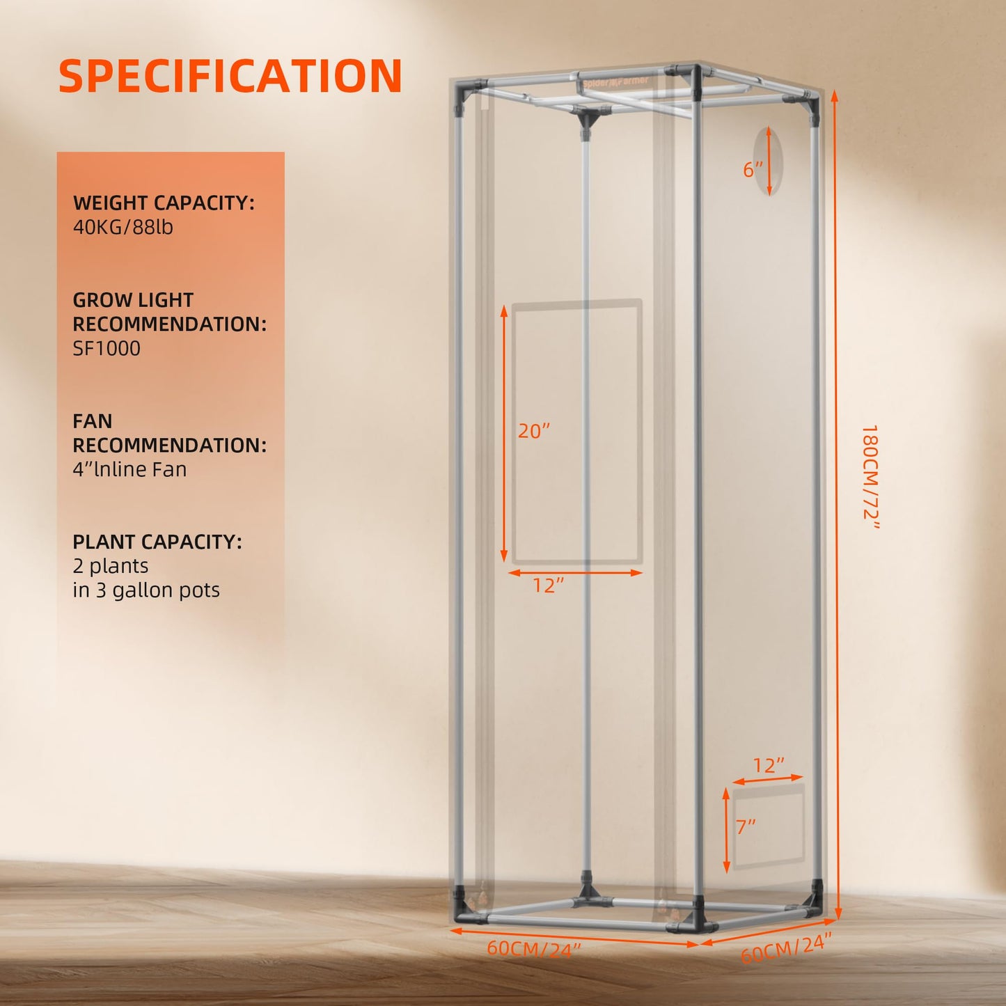 Spider Farmer Pro Series 2x2x6 Grow Tent, 24"x24"x72" with Roll-up Door, Observation Window Floor Tray, 2000D Thicken Mylar Canvas, 2x2 for Hydroponic Indoor Growing for SF1000, SF1000, SE1500, G1500