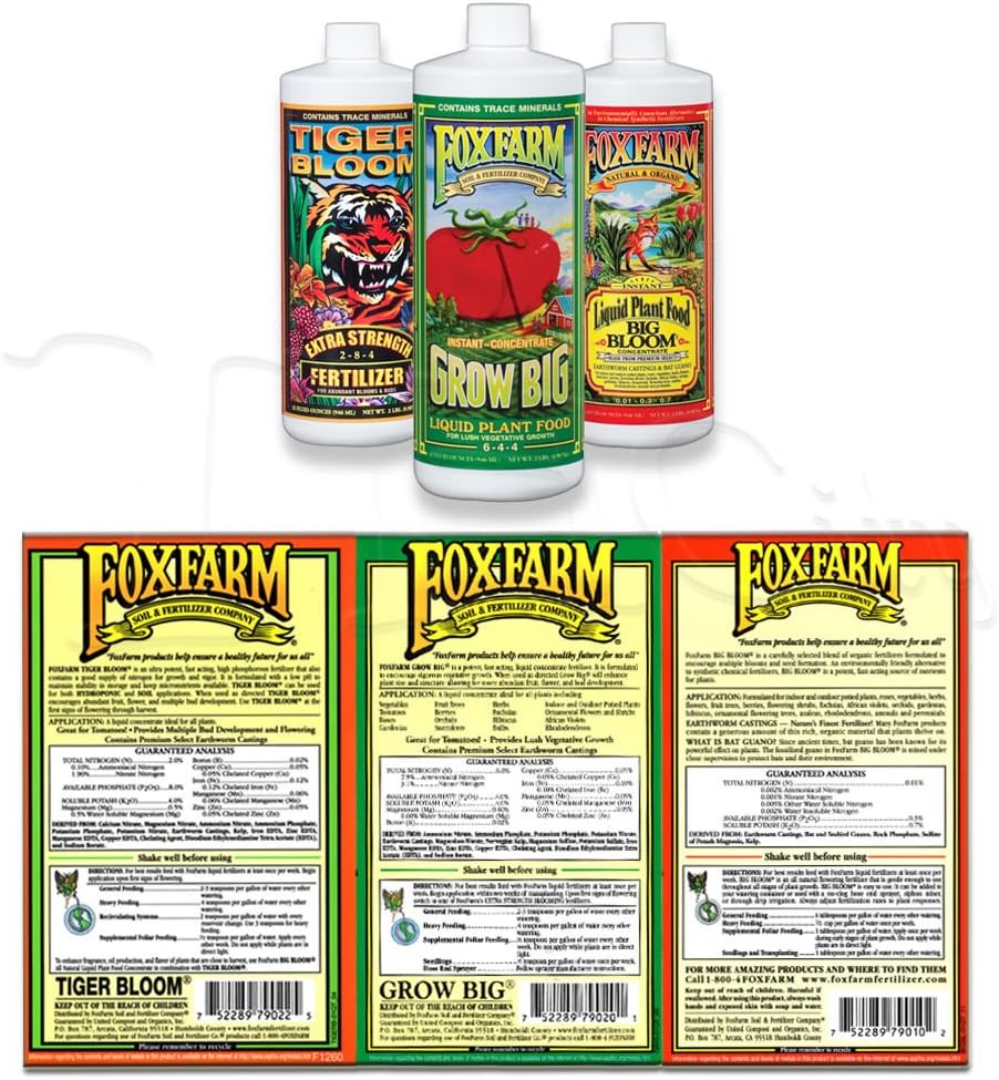 Fox Farm Liquid Nutrient Soil Trio- Pints: Big Bloom, Grow Big, Tiger Bloom (Pack of 3-16 oz. Bottles)