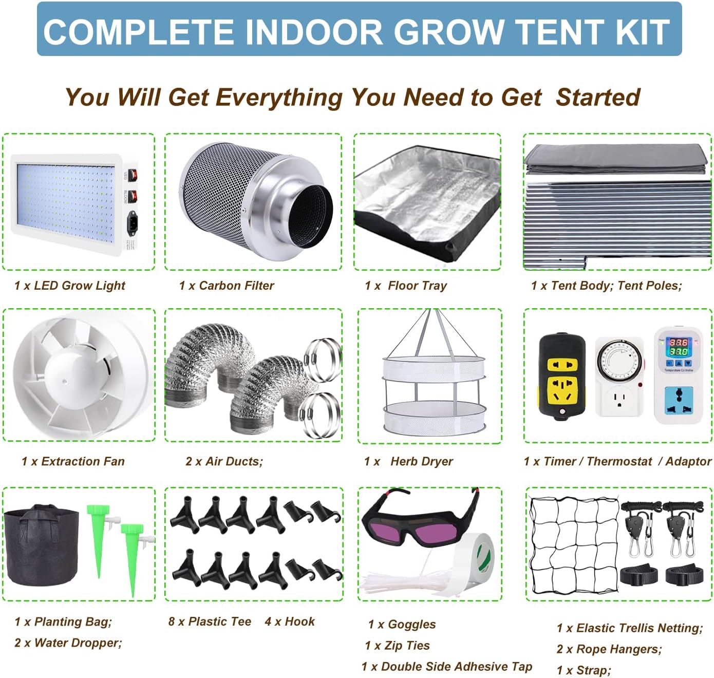 24"x24"x55" Grow Tent Kit, Complete High Reflective Mylar Indoor Grow Tent + LED Grow Light Combo, 2x2 Hydroponics Indoor Plant Growing Tent System with Carbon Filter