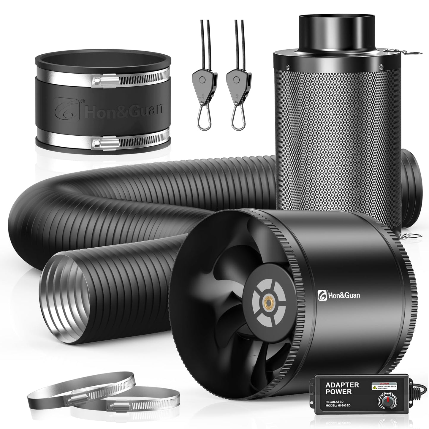 Hon&Guan 4" Air Filtration Kit: 4 Inch Inline Duct Fan with Speed Controller, 10" High Carbon Filter, 8 Ft Ducting & Rubber Coupler, Ventilation System for Grow Tents, Indoor Gardening, Hydroponics