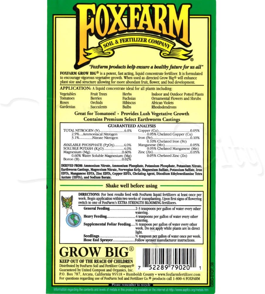 Fox Farm Liquid Nutrient Soil Trio- Pints: Big Bloom, Grow Big, Tiger Bloom (Pack of 3-16 oz. Bottles)