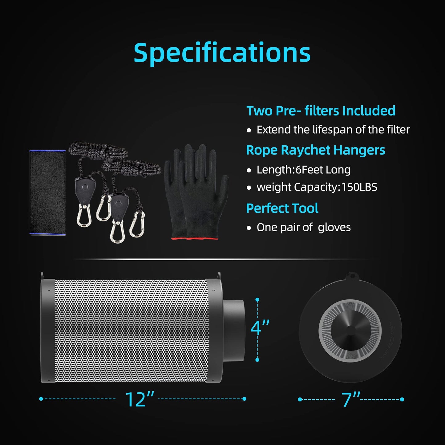 4 Inch Air Carbon Filter for Grow Tent,Smellines Control with Australia Virgin Charcoal for Inline Duct Fan，Hydroponic Growth,Pre-Filter Included